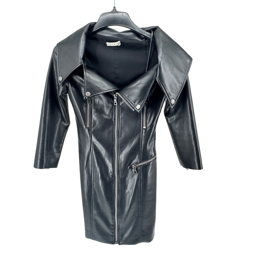 Alice + Olivia Moto Dress Womens Small Black Vegan Leather Full Zip Jacket